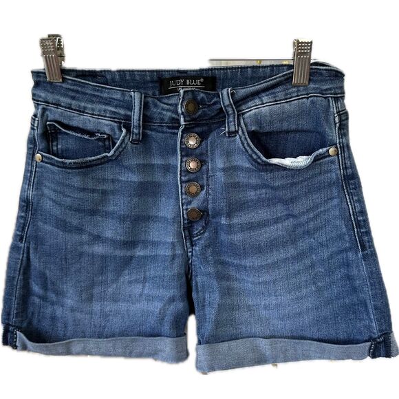 Judy Blue JB15007 DK Stretch Button Fly 5 Pocket Folded Hem Denim Jean Shorts 28 - Picture 1 of 6